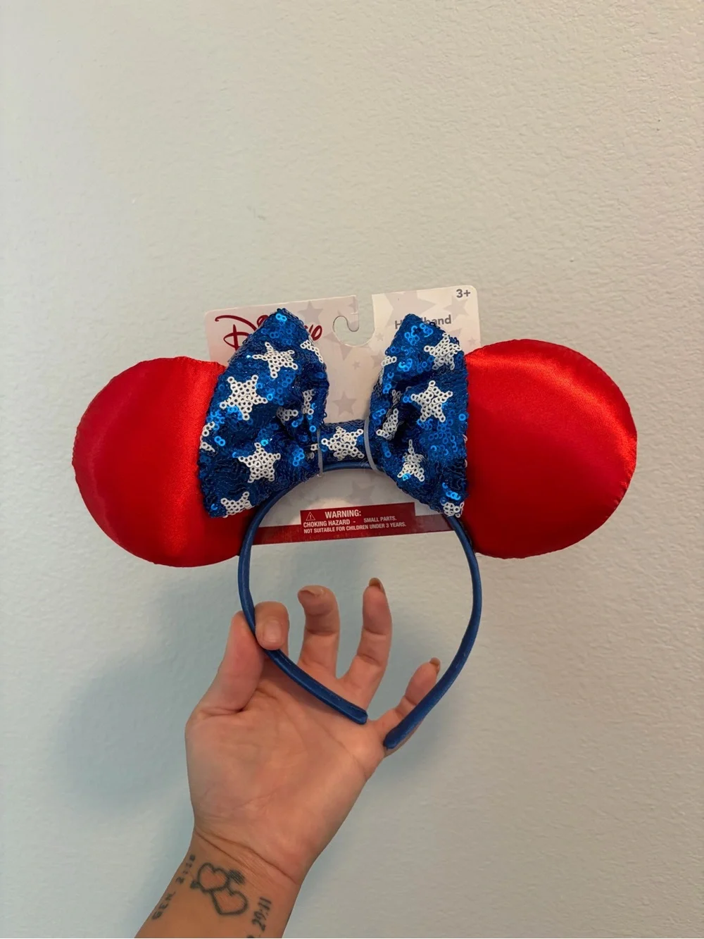 New Disney Red Satin Ears with Blue Star Sequin Bow Headband